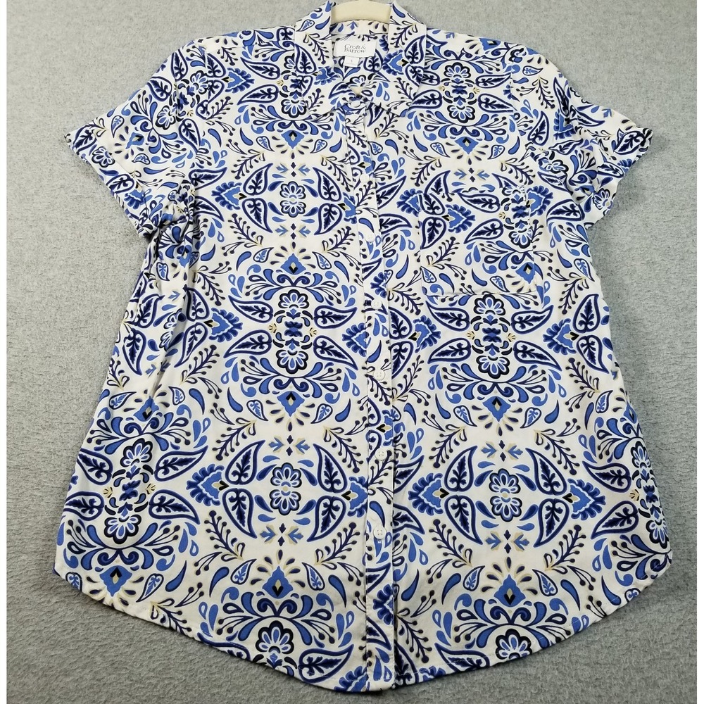 Croft & Barrow Button Up Shirt Women's Small S Blue Beige Floral See Through Top